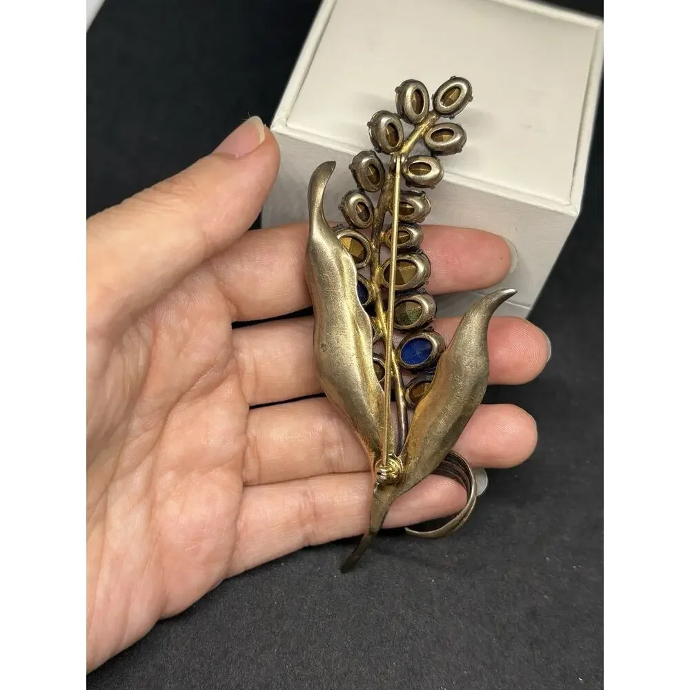 Vtg Unsigned Coro Sterling Silver Brooch Vermeil Blue Rhinestones Floral Pin 27g